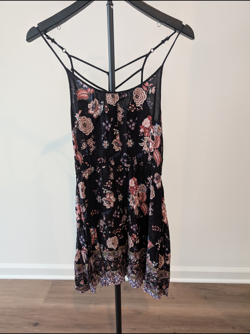 J for Justify Black Floral Spaghetti Strap Dress with Pink & Cream Blooms Size S